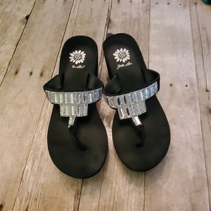 Yellow Box Black Wedge Flipflops w/ Rhinestones